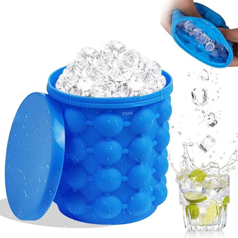 Recipient 2 în 1 EDAR, Forma De Gheata Si Racitor Bauturi, Economisire Spatiu,120 Cuburi, Silicon Flexibil, Capac Si Design C...