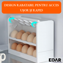 Organizator Oua Frigider EDAR, 30 Oua, Design Rabatabil, 3 Nivele, Economie De Spatiu, Plastic, Alb