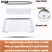 Adapator Antistropire EDAR Pentru Caini Si Pisici, Bol Cu Rama Flotanta Si Baza Antialunecare, 1.5L, Alb