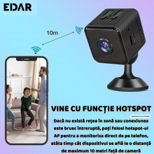 Mini Camera Spion EDAR, Full HD 1080p, WiFi, Microfon Integrat, Vedere Nocturna, Live Streaming, Suport Magnetic, Slot Card T...