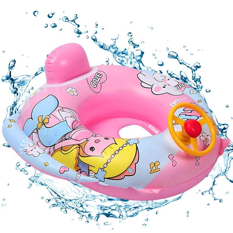 Colac Gonflabil Pentru Bebelusi Si Copii EDAR, Tip Masinuta, Cu Volan Interactiv, Recomandat De La 3 ani, Model Roz