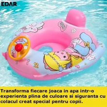Colac Gonflabil Pentru Bebelusi Si Copii EDAR, Tip Masinuta, Cu Volan Interactiv, Recomandat De La 3 ani, Model Roz