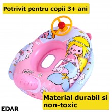 Colac Gonflabil Pentru Bebelusi Si Copii EDAR, Tip Masinuta, Cu Volan Interactiv, Recomandat De La 3 ani, Model Roz