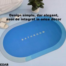 Covoras De Baie EDAR, Cu Mesaj Bathroom, Absorbant, Antiderapant, Material Moale, Curatoare Usoara, 90 x 60, Albastru