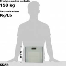 Cantar Electronic Corporal Digital EDAR, De Baie, Display LCD, 150 kg, Pornire/Oprire Automata, Sticla Securizata, Anti-Alune...