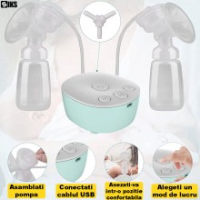 Pompa De San Electrica Dubla SIKS, 2 Biberoane 150ml, Portabila, 2 Moduri, 9 Trepte Intensitate, Functie Masaj Stimulare Lact... Pompa De San Electrica Dubla SIKS, 2 Biberoane 150ml, Portabila, 2 Moduri, 9 Trepte Intensitate, Functie Masaj Stimulare Lact...