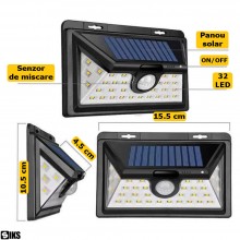Lampa Solara SIKS, Senzor De Miscare Si Lumina, Pentru Perete, Panou Solar, 32 Leduri, Lumina Neutra, Negru Lampa Solara SIKS, Senzor De Miscare Si Lumina, Pentru Perete, Panou Solar, 32 Leduri, Lumina Neutra, Negru