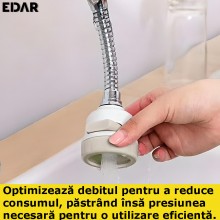 Racord Flexibil EDAR Pentru Robinet, Extensie Pentru Baterie Sanitara De Baie Sau Bucatarie, Cu 3 Tipuri De Jet De Apa, Rotir...