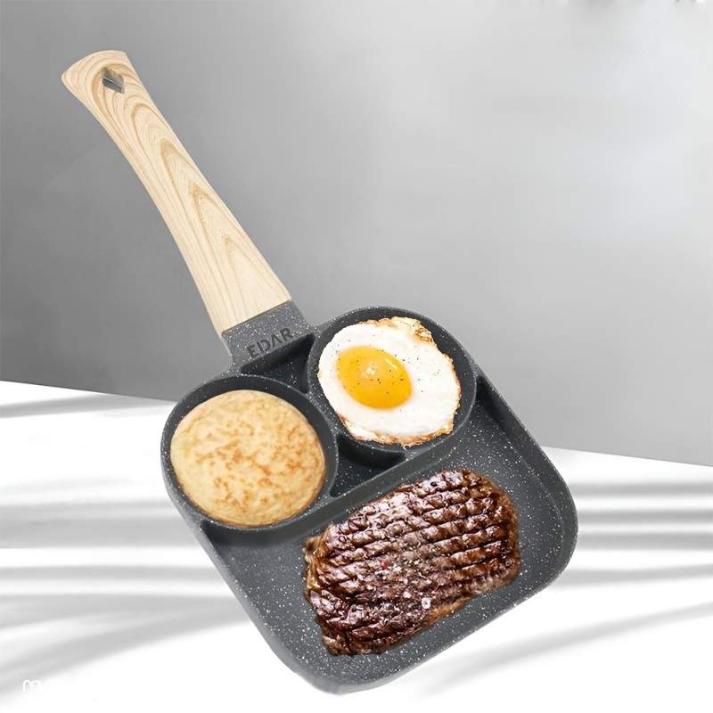 Tigaie EDAR Antiaderenta, 3 Compartimente, Pentru Preparare Oua, Clatite, Sandwich-uri, Maner din Lemn, Culoare Gri