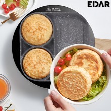 Tigaie EDAR Antiaderenta, 3 Compartimente, Pentru Preparare Oua, Clatite, Sandwich-uri, Maner din Lemn, Culoare Gri