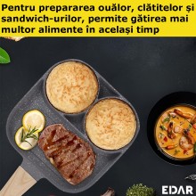 Tigaie EDAR Antiaderenta, 3 Compartimente, Pentru Preparare Oua, Clatite, Sandwich-uri, Maner din Lemn, Culoare Gri