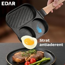 Tigaie EDAR Antiaderenta, 3 Compartimente, Pentru Preparare Oua, Clatite, Sandwich-uri, Maner din Lemn, Culoare Gri