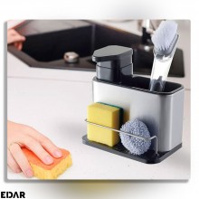 Organizator Cu Dispenser EDAR Pentru Chiuveta Bucatarie Sau Baie, Suport Burete, Inox/Plastic, Argintiu/Negru, 18.5 cm x 17.5...