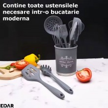 Set Ustensile Bucatarie EDAR, Din Silicon, Design Elegant, Termorezistente, Antiaderente, 11 Piese, Gri