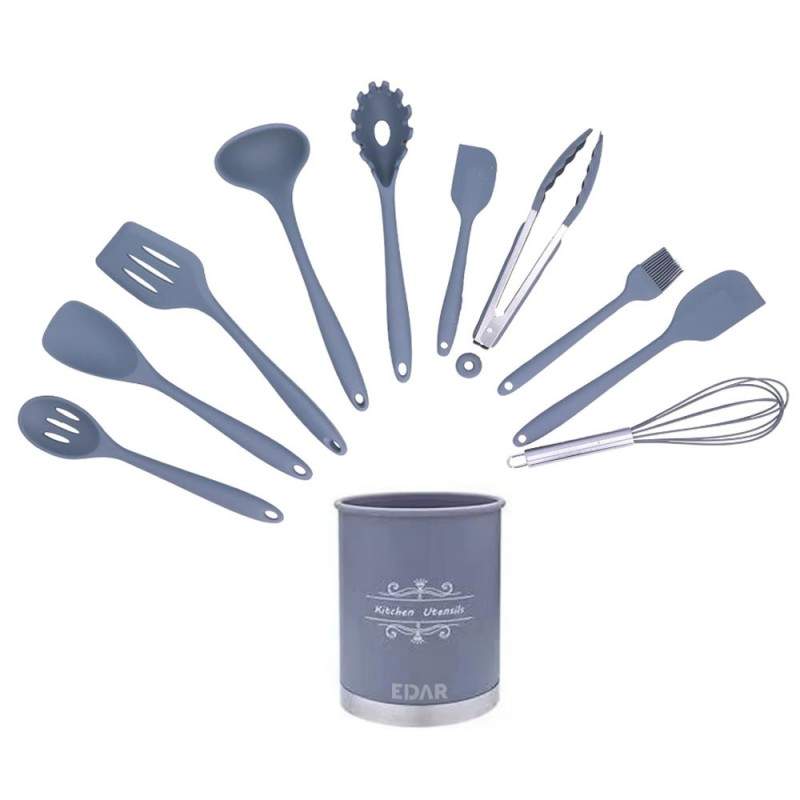 Set Ustensile Bucatarie EDAR, Din Silicon, Design Elegant, Termorezistente, Antiaderente, 11 Piese, Gri