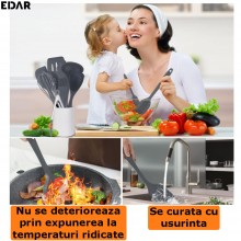 Set Ustensile Bucatarie EDAR, Din Silicon, Design Elegant, Termorezistente, Antiaderente, 11 Piese, Gri