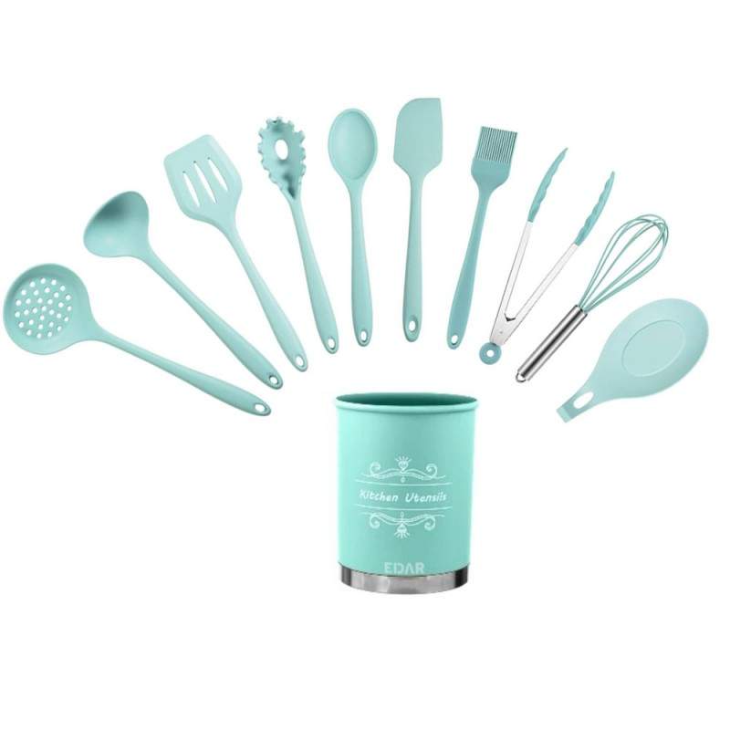 Set Ustensile Bucatarie EDAR, Din Silicon, Design Elegant, Termorezistente, Antiaderente, 11 Piese, Turcoaz