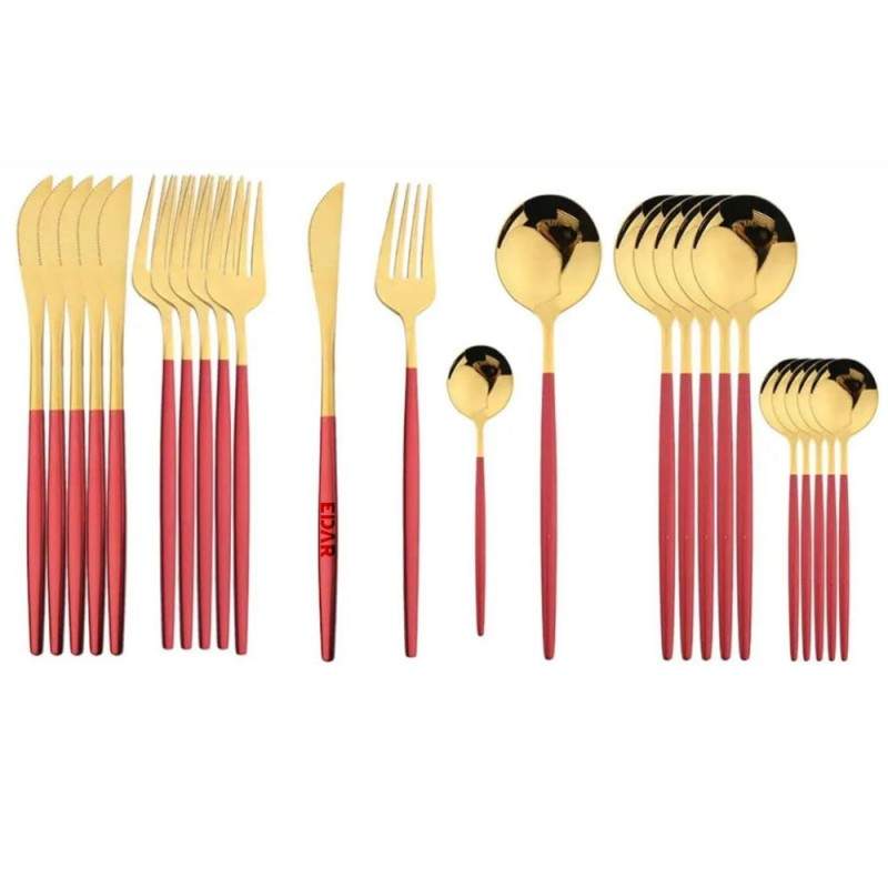 Set Tacamuri EDAR, 24 Piese Stil Portughez, Otel Inoxidabil, Finisaj Lucios, Rosu/Auriu Set Tacamuri EDAR, 24 Piese Stil Portughez, Otel Inoxidabil, Finisaj Lucios, Rosu/Auriu