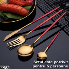 Set Tacamuri EDAR, 24 Piese Stil Portughez, Otel Inoxidabil, Finisaj Lucios, Rosu/Auriu Set Tacamuri EDAR, 24 Piese Stil Portughez, Otel Inoxidabil, Finisaj Lucios, Rosu/Auriu