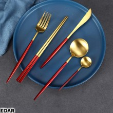 Set Tacamuri EDAR, 24 Piese Stil Portughez, Otel Inoxidabil, Finisaj Lucios, Rosu/Auriu