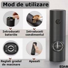 Rasnita Electrica Pentru Sare/Piper EDAR Cu Functionare Pe Baterii, Grad Macinare Reglabil, Led, Negru Rasnita Electrica Pentru Sare/Piper EDAR Cu Functionare Pe Baterii, Grad Macinare Reglabil, Led, Negru