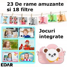Camera EDAR Foto Video Pentru Copii, Model Ursulet 1080P, HD, 2 inch, Jocuri Incluse, Acumulator 600 mAh, Culoare Roz