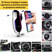 Suport Auto EDAR Cu Incarcare Wireless, Senzor Inteligent, Prindere Cu Clema, Incarcare Rapida, USB – Argintiu