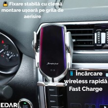Suport Auto EDAR Cu Incarcare Wireless, Senzor Inteligent, Prindere Cu Clema, Incarcare Rapida, USB – Argintiu