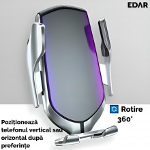 Suport Auto EDAR Cu Incarcare Wireless, Senzor Inteligent, Prindere Cu Clema, Incarcare Rapida, USB – Argintiu