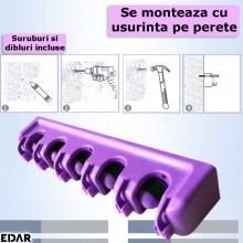 Suport Multifunctional De Perete Pentru Maturi Si Mop, EDAR, 5 Spatii Pentru Unelte Si 6 Cuiere, Sistem Ingenios De Agatare, Mov