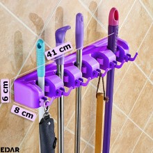 Suport Multifunctional De Perete Pentru Maturi Si Mop, EDAR, 5 Spatii Pentru Unelte Si 6 Cuiere, Sistem Ingenios De Agatare, Mov