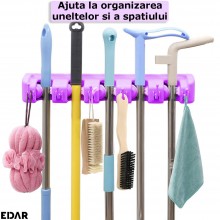 Suport Multifunctional De Perete Pentru Maturi Si Mop, EDAR, 5 Spatii Pentru Unelte Si 6 Cuiere, Sistem Ingenios De Agatare, Mov