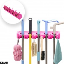 Suport Multifunctional De Perete Pentru Maturi Si Mop, EDAR, 5 Spatii Pentru Unelte Si 6 Cuiere, Sistem Ingenios De Agatare, Roz