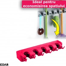 Suport Multifunctional De Perete Pentru Maturi Si Mop, EDAR, 5 Spatii Pentru Unelte Si 6 Cuiere, Sistem Ingenios De Agatare, Roz