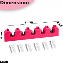Suport Multifunctional De Perete Pentru Maturi Si Mop, EDAR, 5 Spatii Pentru Unelte Si 6 Cuiere, Sistem Ingenios De Agatare, Roz