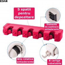 Suport Multifunctional De Perete Pentru Maturi Si Mop, EDAR, 5 Spatii Pentru Unelte Si 6 Cuiere, Sistem Ingenios De Agatare, Roz