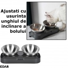 Set Boluri Inalte EDAR Din Otel Inoxidabil Si Suport, Pentru Caini, Pisici, Unghi De Inclinare Reglabil, Antiderapant, Gri/Ar...