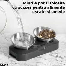 Set Boluri Inalte EDAR Din Otel Inoxidabil Si Suport, Pentru Caini, Pisici, Unghi De Inclinare Reglabil, Antiderapant, Gri/Ar...