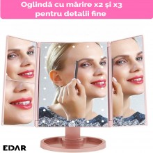Oglinda EDAR Make-Up Cu Marire x2 / x3, Rotire 180°, Functionare Pe Baterii, Culoare Roz