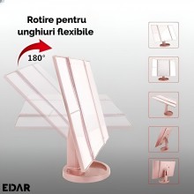 Oglinda EDAR Make-Up Cu Marire x2 / x3, Rotire 180°, Functionare Pe Baterii, Culoare Roz