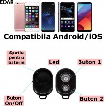 Telecomanda Bluetooth EDAR Pentru Camera Telefon, Selfie, Pentru iOS, Android, Portabila, Compacta Si Usoara, Negru Telecomanda Bluetooth EDAR Pentru Camera Telefon, Selfie, Pentru iOS, Android, Portabila, Compacta Si Usoara, Negru