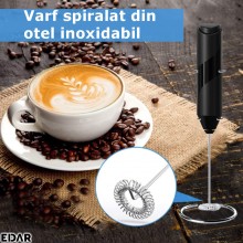 Spumator De Lapte EDAR, Functionare Pe Baterii, Varf Spiralat Din Inox, Suport, Negru