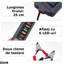 Tester Alternator Baterie 12V Cu Afisaj LED Carguard EDAR, Ideal Pentru Autoturisme, Camioane, Verificare Rapida Starea Alter... Tester Alternator Baterie 12V Cu Afisaj LED Carguard EDAR, Ideal Pentru Autoturisme, Camioane, Verificare Rapida Starea Alter...