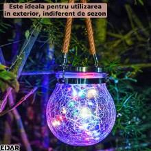 Lampa Solara Decorativa EDAR, Decorativa, Tip Borcan, Din Sticla, Agatare Sfoara, Panou Solar Incorporat, Pentru Exterior, Lu...