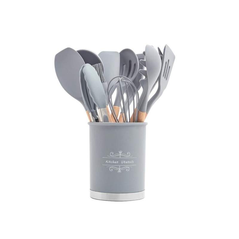 Ustensile gatit SIKS® bucatarie, 13 piese pentru gatit, antiaderente, silicon cu maner de lemn, gri/natur