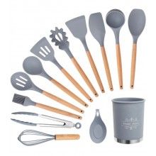 Ustensile gatit SIKS® bucatarie, 13 piese pentru gatit, antiaderente, silicon cu maner de lemn, gri/natur