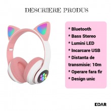 Casti Wireless Pliabile EDAR cu Urechi de Pisica, Bluetooth 5.0, Sunet HiFi Bass Stereo, LED Luminos, Slot TF, Handsfree, Cul...