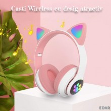 Casti Wireless Pliabile EDAR cu Urechi de Pisica, Bluetooth 5.0, Sunet HiFi Bass Stereo, LED Luminos, Slot TF, Handsfree, Cul...