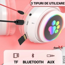 Casti Wireless Pliabile EDAR cu Urechi de Pisica, Bluetooth 5.0, Sunet HiFi Bass Stereo, LED Luminos, Slot TF, Handsfree, Cul...