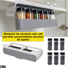 Organizator Condimente SIKS, Suport Condimente, cu 6 Recipiente Pentru Condimente, Montare Sub Raft, 32 x 13.5 x 8.5 Cm, Alb/Gri